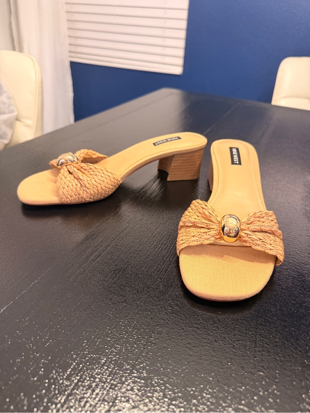 Nine West Tan Braided Slide Mules with Gold Accent